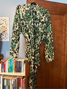 Green Leopard Print Satin Wrap Jacket
